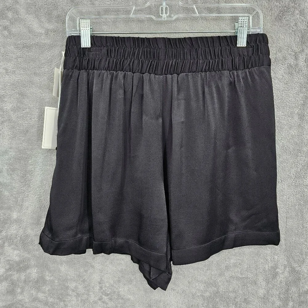 1 State On Point Satin Shorts S Black Flat Front Elastic Waist Zip High Rise New